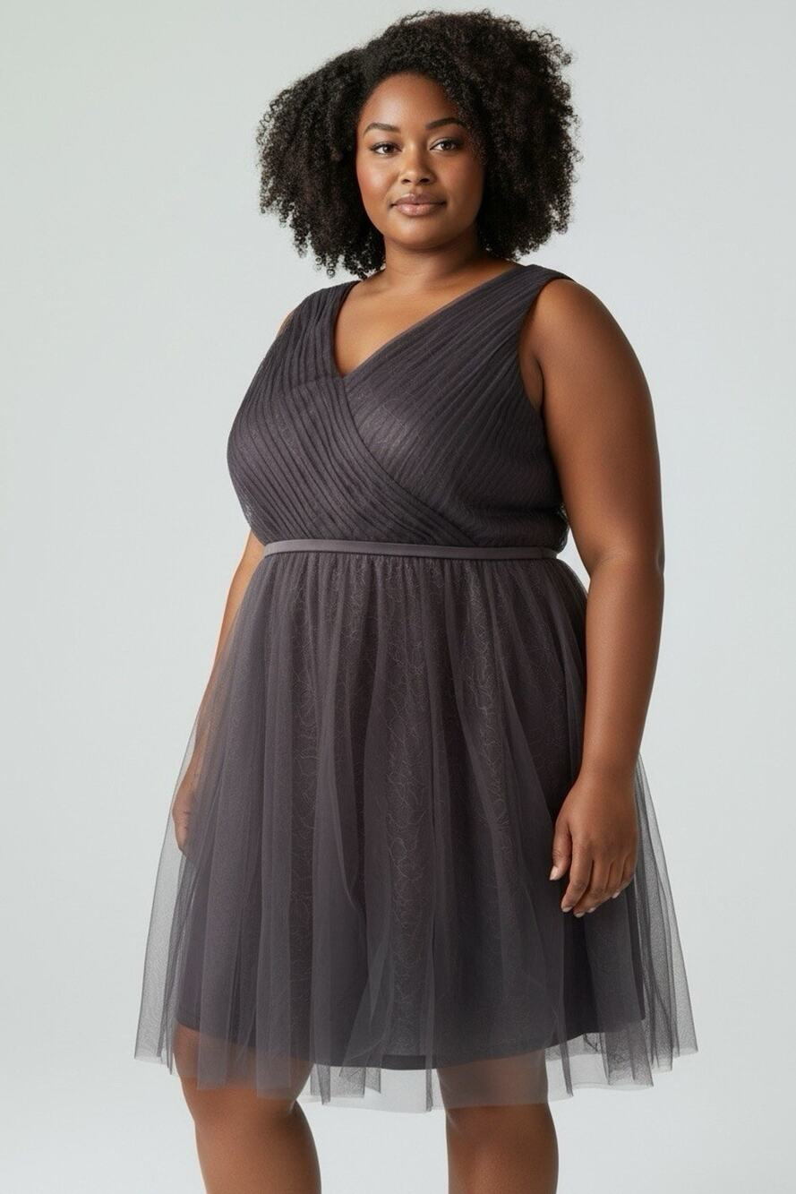WHITE by Vera Wang Gray Tulle V-Neck Sleeveless Fit & Flare Dress 22 Bridesmaid